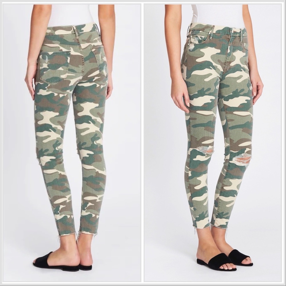 MOTHER High-Waisted Looker Ankle Fray Jean See Me Camo Size 26 Distressed Green‎